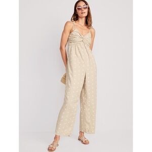 Old Navy Tie Shoulder Twist Front Smocked Jumpsuit Polka Dot Linen Blend Size‎ L